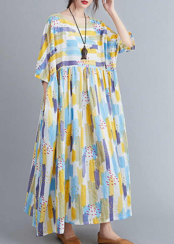 Yellow O-neck Print Long Dress Spring