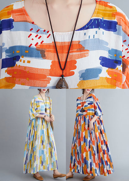Yellow O-neck Print Long Dress Spring