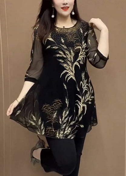 Yellow O Neck Print Patchwork Chiffon Shirt Top Bracelet Sleeve