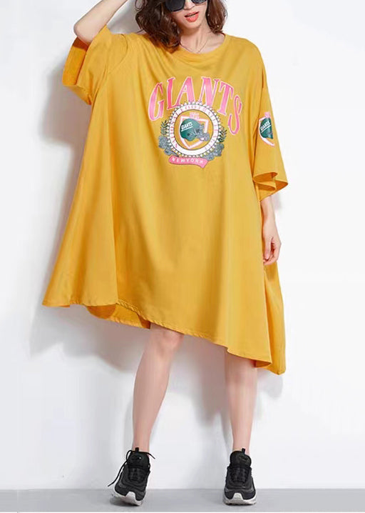 Yellow O Neck Print Patchwork Cotton Mid Dress Summer