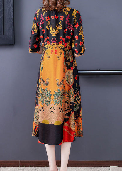 Yellow O-neck Print Silk Dress Half Sleeve