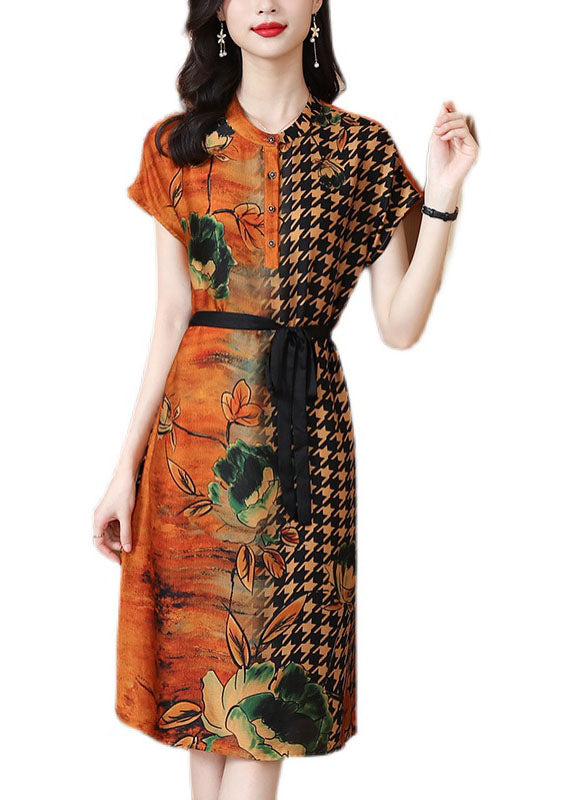 Yellow O-neck Print Tie Waist Chiffon Shirt Dress Short Sleeve