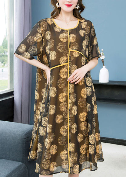 Yellow O Neck Print Wrinkled Patchwork Chiffon Dresses Summer