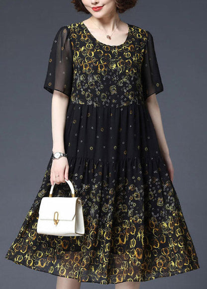 Yellow O-neck Print Wrinkled Chiffon Dress Short Sleeve