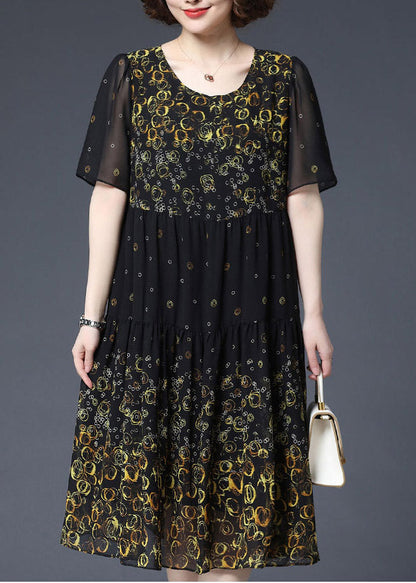 Yellow O-neck Print Wrinkled Chiffon Dress Short Sleeve