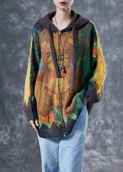 Yellow Oversized Bear Print Rabbit Hair Knit Coats Winter