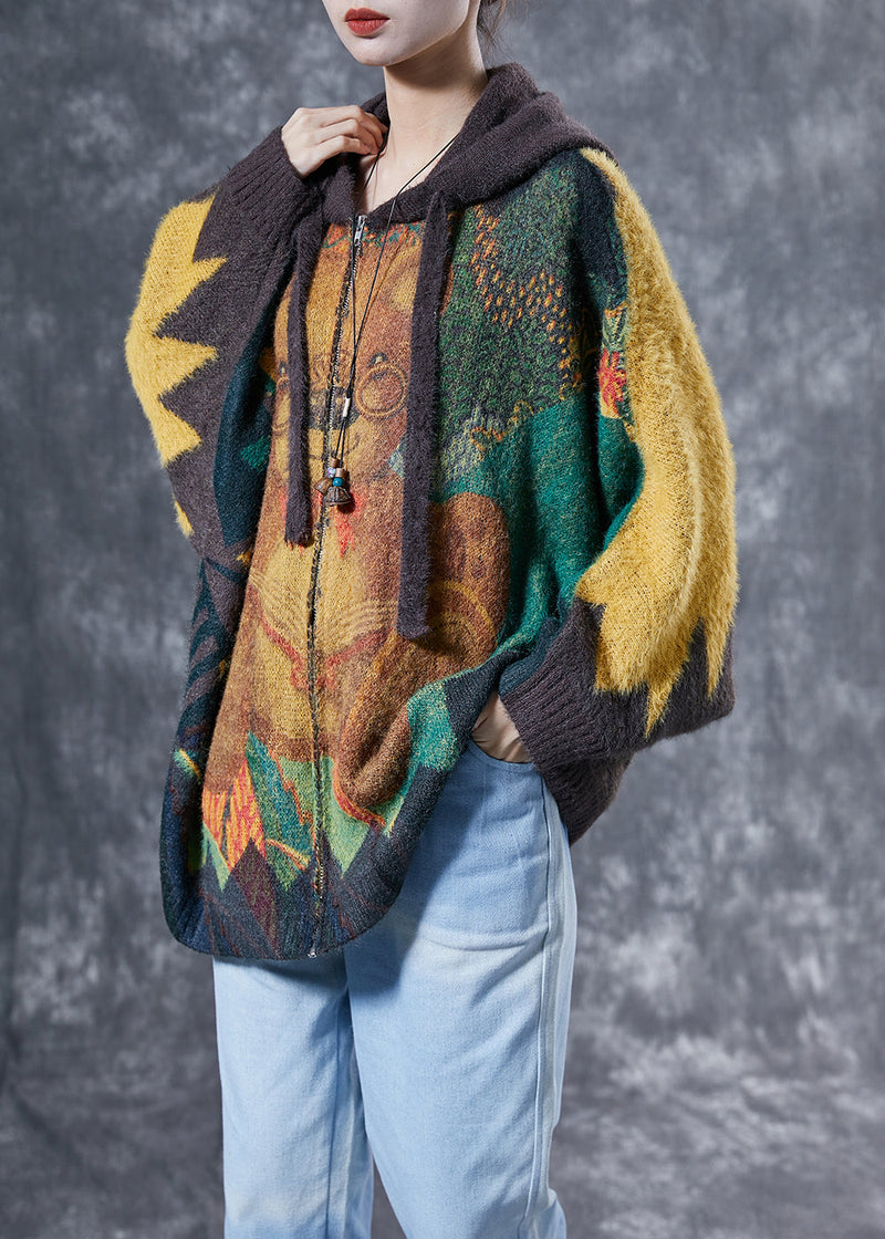 Yellow Oversized Bear Print Rabbit Hair Knit Coats Winter