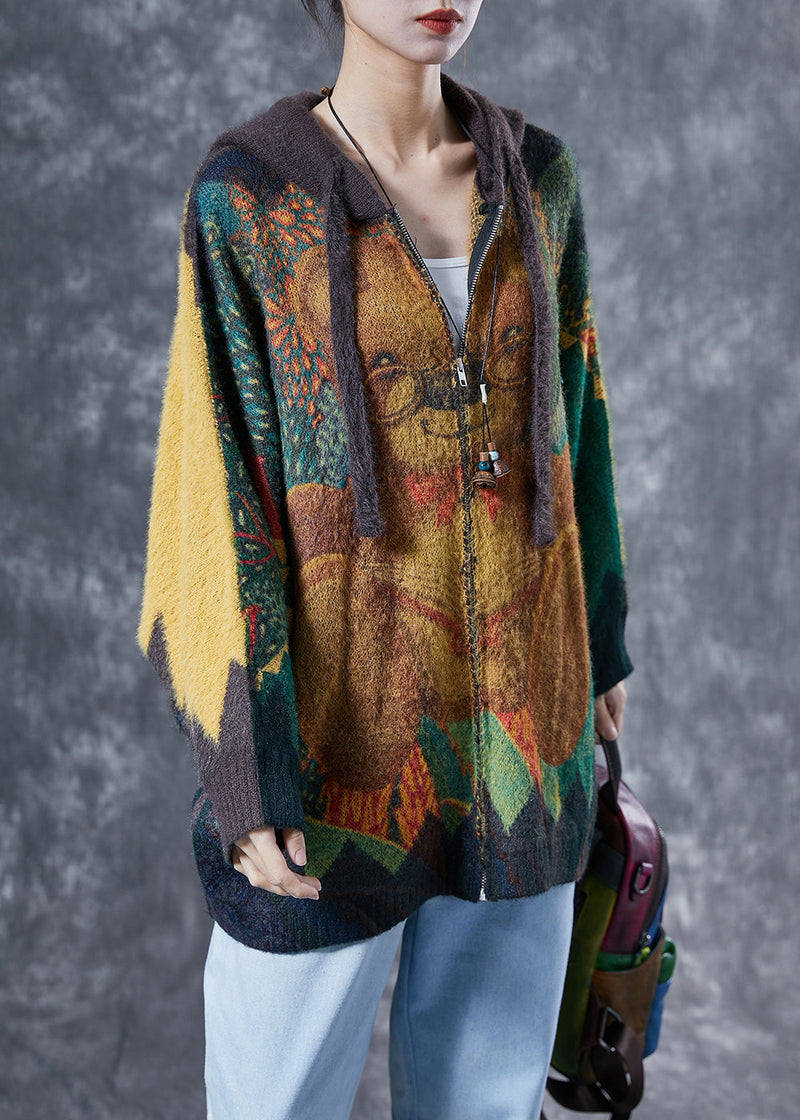 Yellow Oversized Bear Print Rabbit Hair Knit Coats Winter