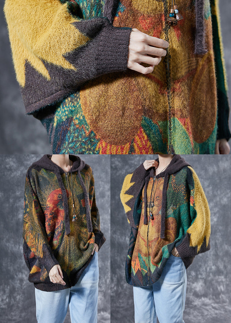 Yellow Oversized Bear Print Rabbit Hair Knit Coats Winter