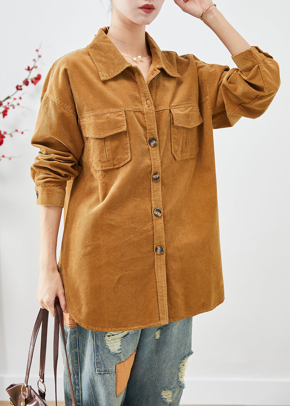Yellow Oversized Pockets Corduroy Coats Fall