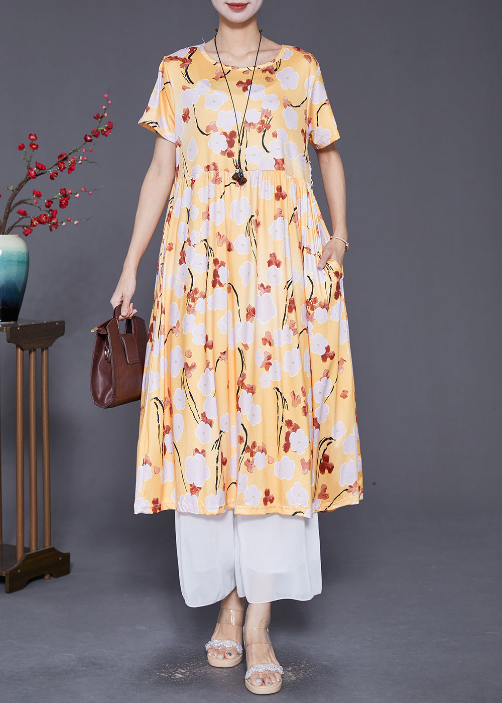 Yellow Oversized Print Cotton Robe Dresses Summer