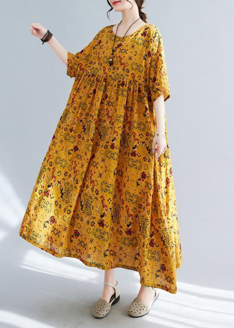 Yellow Oversized Print Linen Long Dress Summer