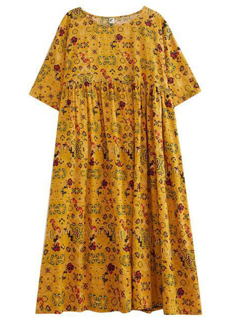 Yellow Oversized Print Linen Long Dress Summer