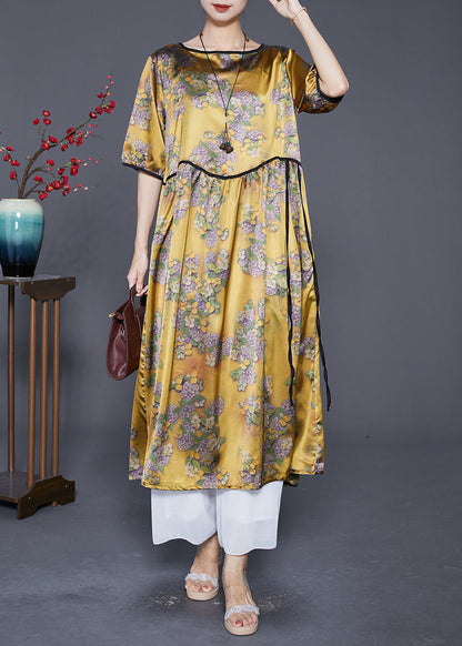 Yellow Oversized Print Silk Long Dresses Summer