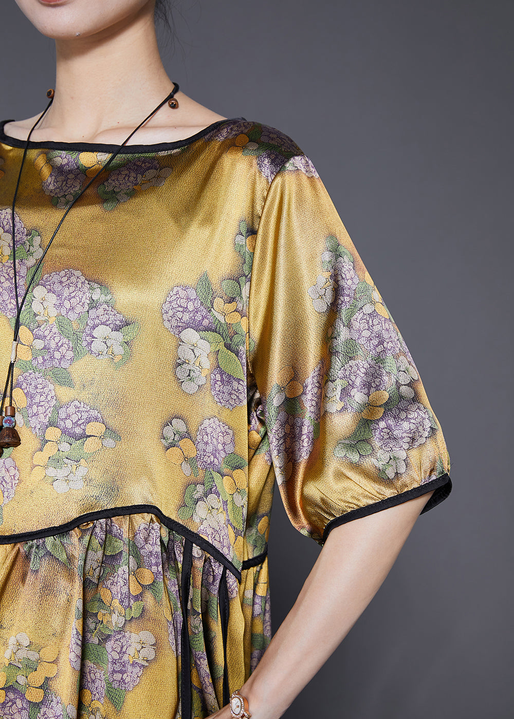 Yellow Oversized Print Silk Long Dresses Summer