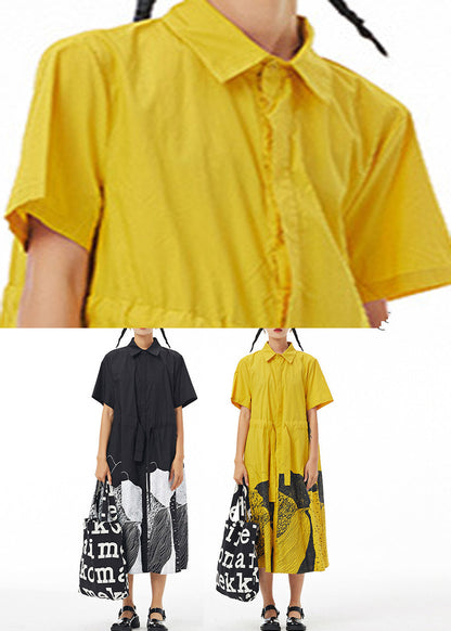 Yellow Patchwork Button Cotton Vacation Maxi Shirt Dresses Summer