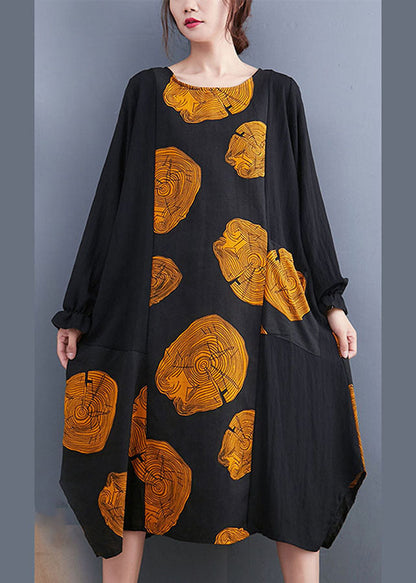 Yellow Patchwork Pockets Print Fall Dress Long Sleeve