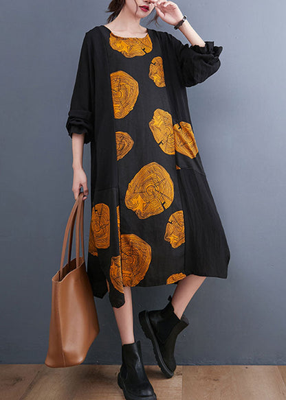 Yellow Patchwork Pockets Print Fall Dress Long Sleeve