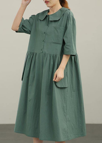 Yellow Peter Pan Collar Button Pockets Long Dresses Summer Cotton