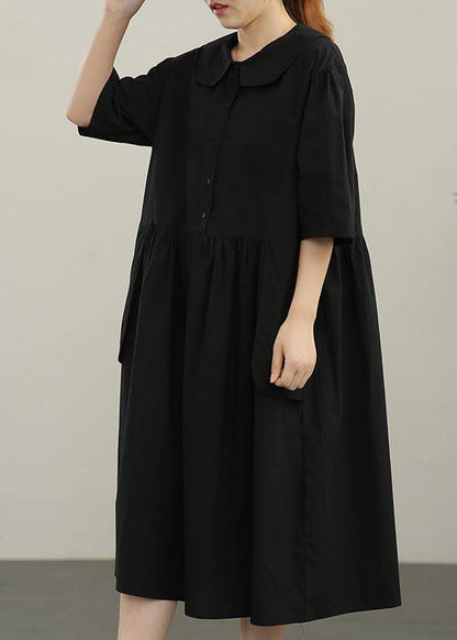 Yellow Peter Pan Collar Button Pockets Long Dresses Summer Cotton