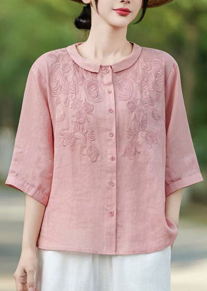 Yellow Peter Pan Collar Embroidered Linen Shirt Tops Half Sleeve