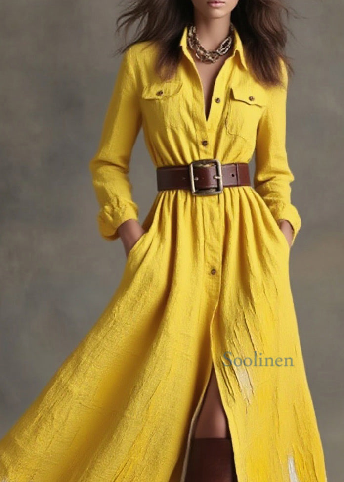 Yellow Peter Pan Collar Pockets Button Cotton Dress Spring