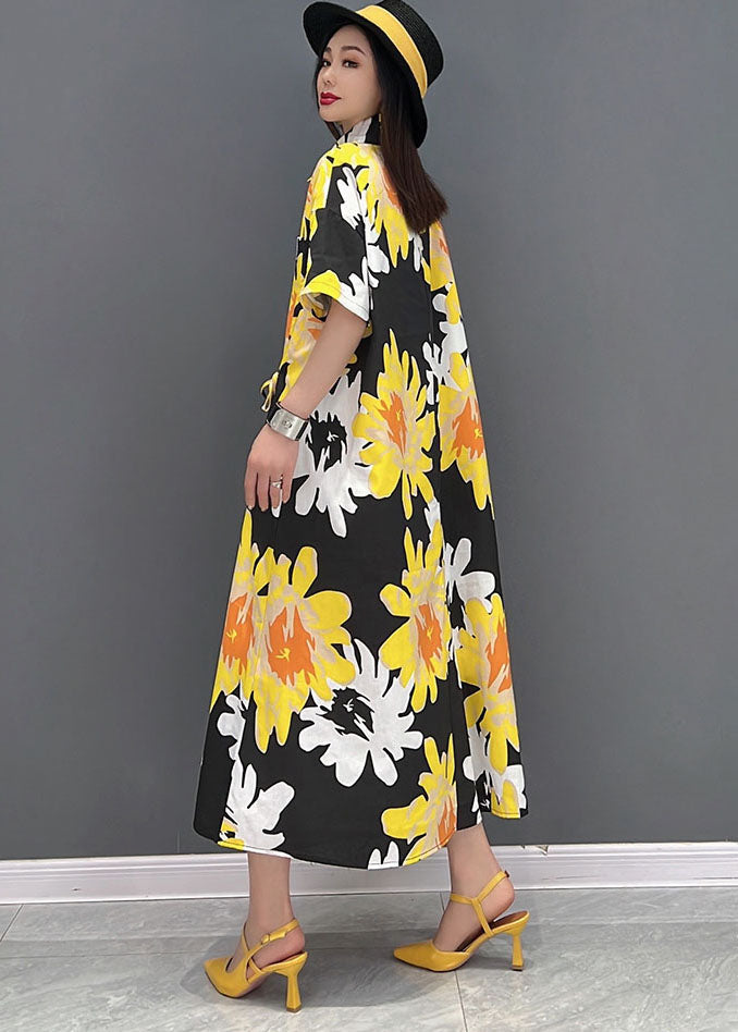 Yellow Peter Pan Collar Print Pockets Chiffon Maxi Dress Short Sleeve