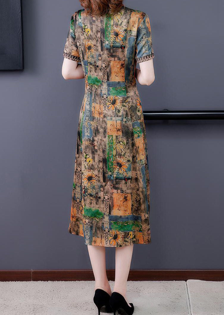 Yellow Peter Pan Collar Print Silk Dresses Summer