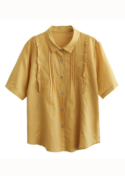 Yellow Peter Pan Collar Ruffled Patchwork Cotton Blouses Summer