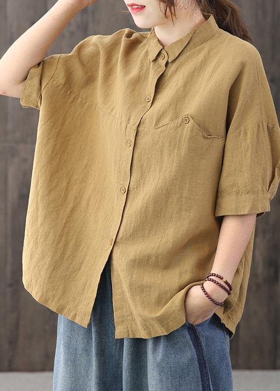 Yellow Peter Pan Collar Asymmetrical Design Cotton Linen Shirts Summer