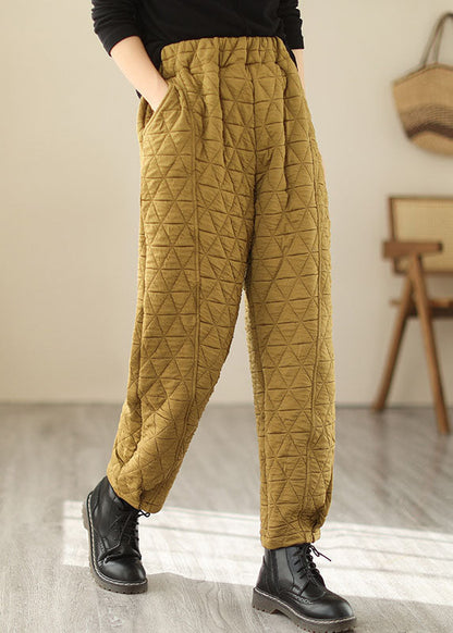 Yellow Pockets Plaid Patchwork Fleece Pants Winter