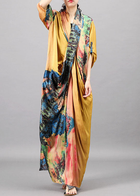 Yellow Print Bat Wing Sleeve Fall Dresses