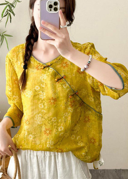 Yellow Print Chinese Button Linen Tops Fall