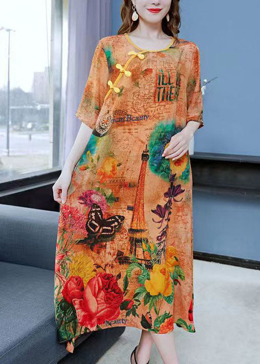 Yellow Print Chinese Button Patchwork Silk Dress Summer