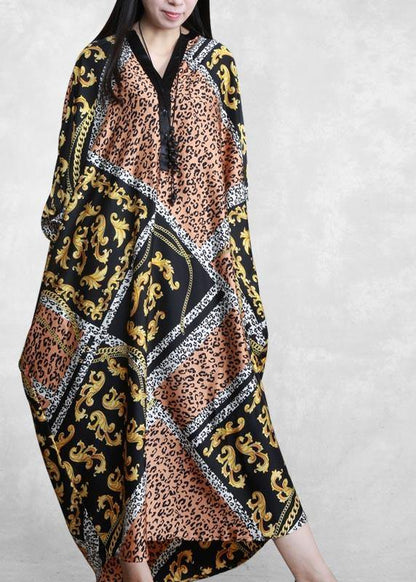 Yellow Print Dresses V Neck Batwing Sleeve Maxi Dresses