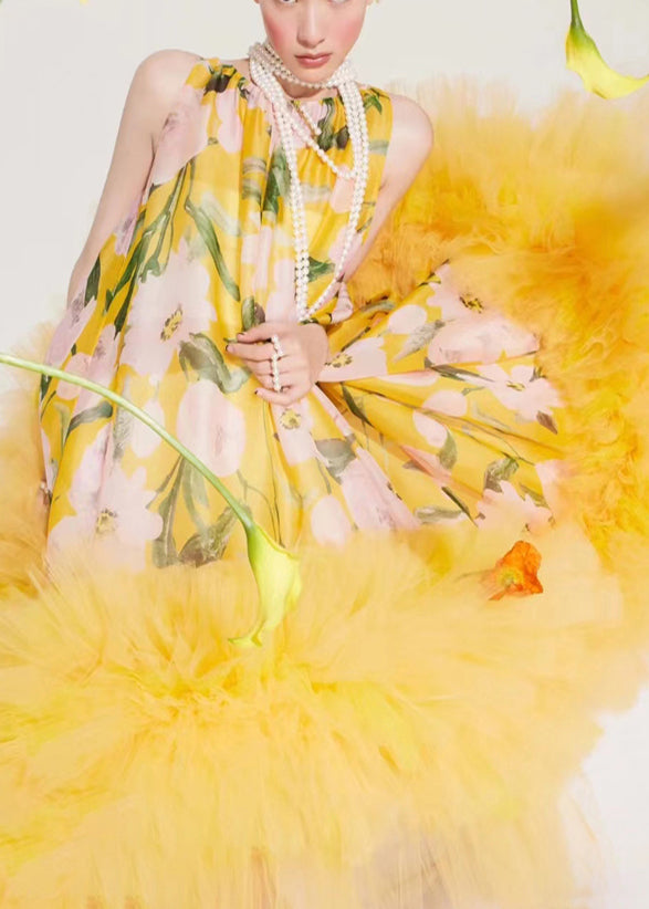 Yellow Print Exra Large Hem Party Dress Sleeveless