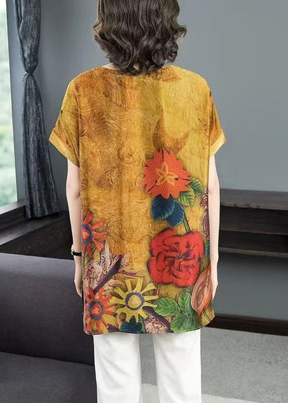 Yellow Print Side Open Patchwork Silk T Shirt Short Sleeve