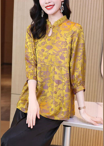 Yellow Ruffled Jacquard Silk Blouses Bracelet Sleeve