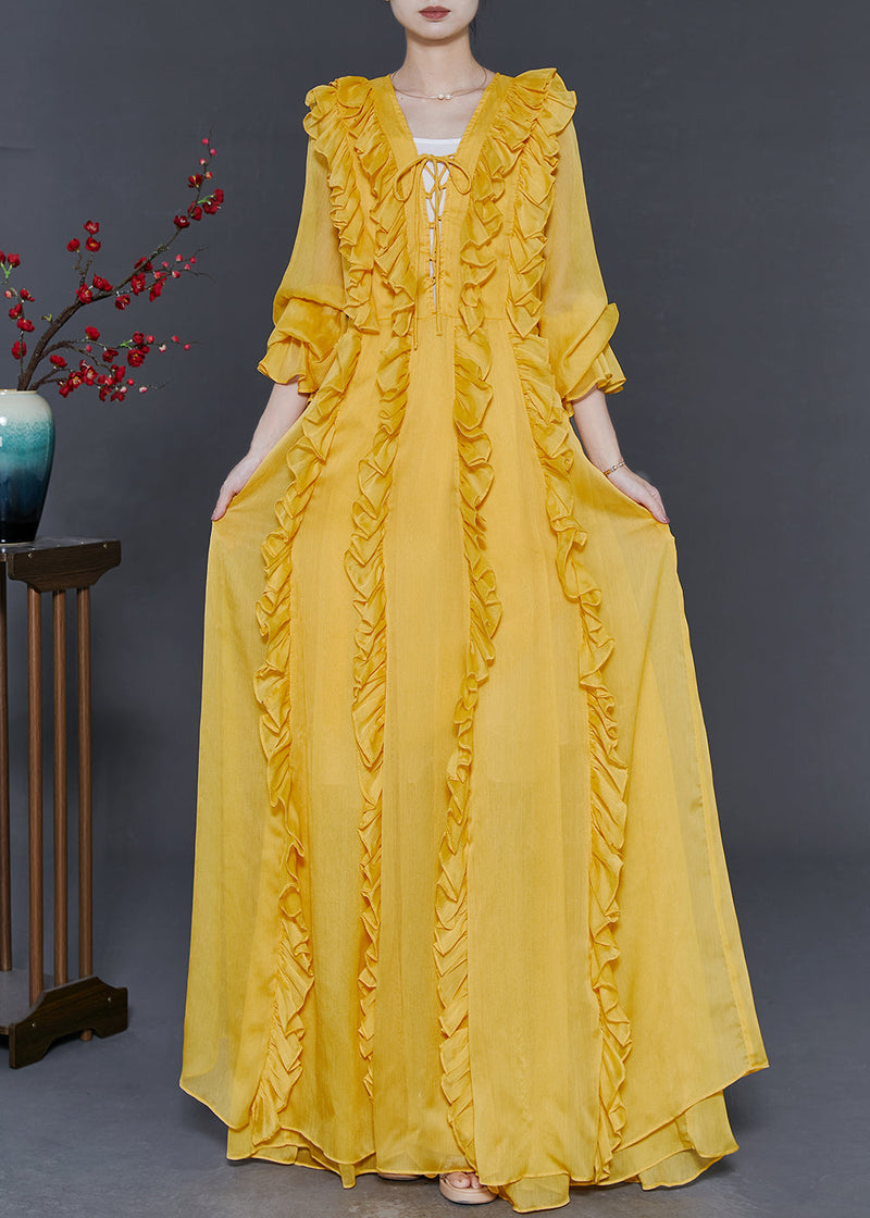 Yellow Ruffled Lace Up Chiffon Full Dresses Spring
