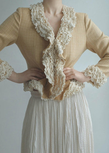 Yellow Ruffled Patchwork Cotton Jacket Spring