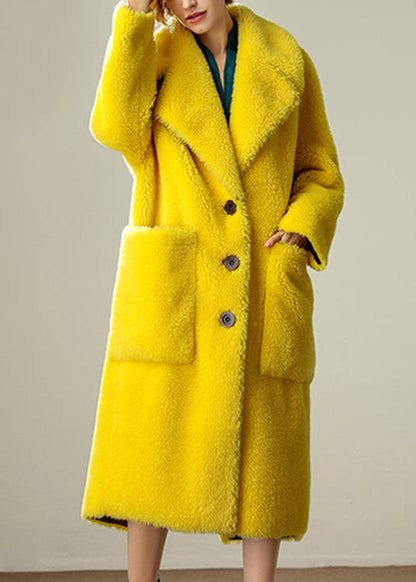Yellow Sailor Collar Pockets Loose Wool Coats Long Sleeve