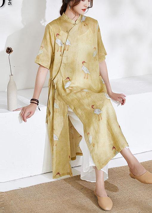Yellow Side Open Print Summer Ramie Long Shirts