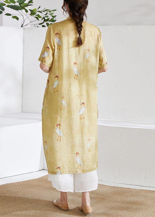 Yellow Side Open Print Summer Ramie Long Shirts