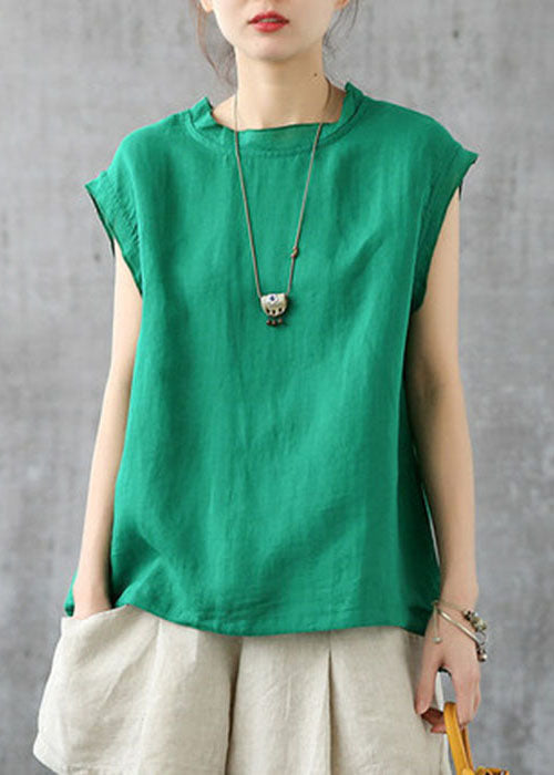 Yellow Stand Collar Drawstring Linen Tanks Short Sleeve