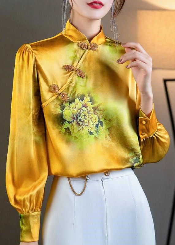 Yellow Stand Collar Oriental Button Print Patchwork Silk Tops Spring