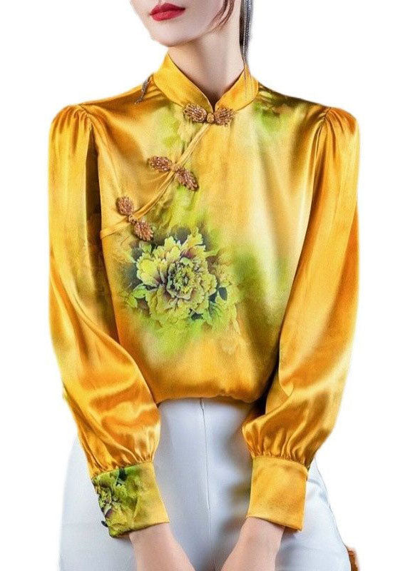 Yellow Stand Collar Oriental Button Print Patchwork Silk Tops Spring