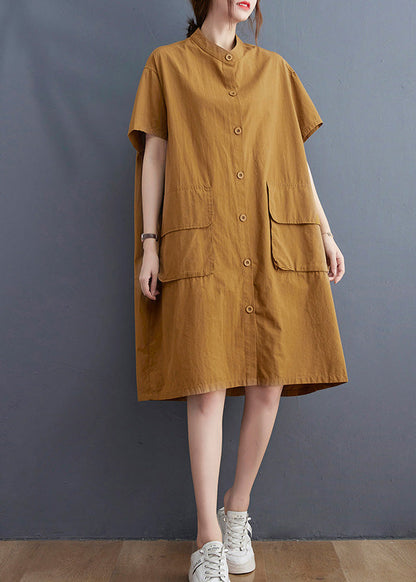Yellow Stand Collar Patchwork Button Cotton Long Shirts Dress Short Sleeve