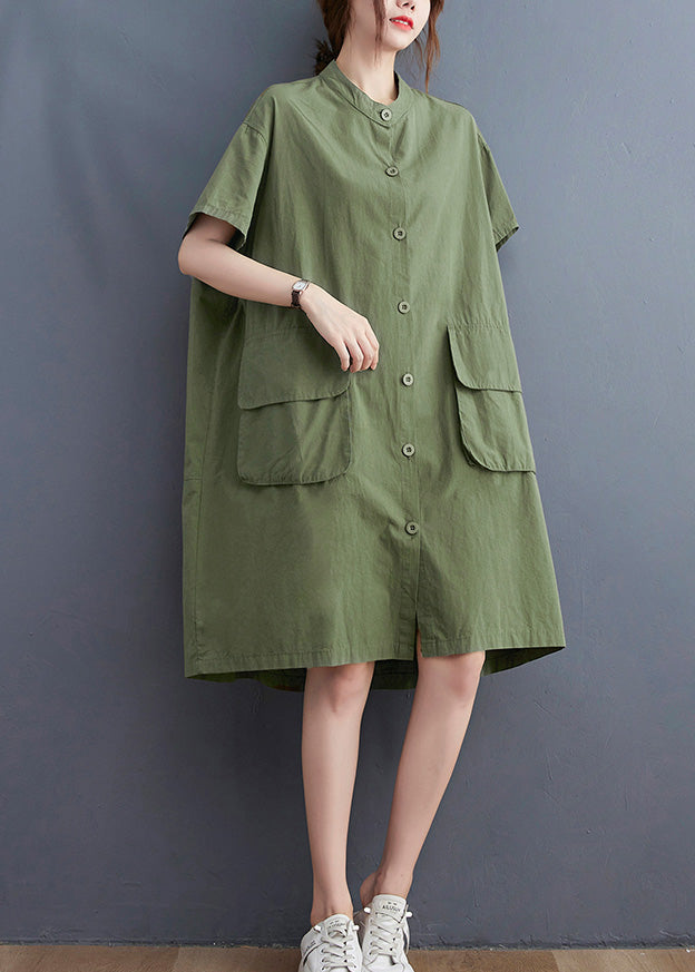 Yellow Stand Collar Patchwork Button Cotton Long Shirts Dress Short Sleeve