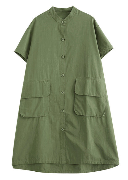 Yellow Stand Collar Patchwork Button Cotton Long Shirts Dress Short Sleeve