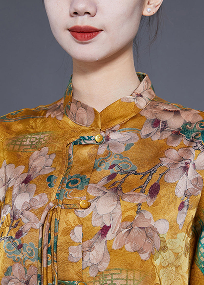 Yellow Stand Collar Patchwork Tassel Silk Blouses Half Sleeve